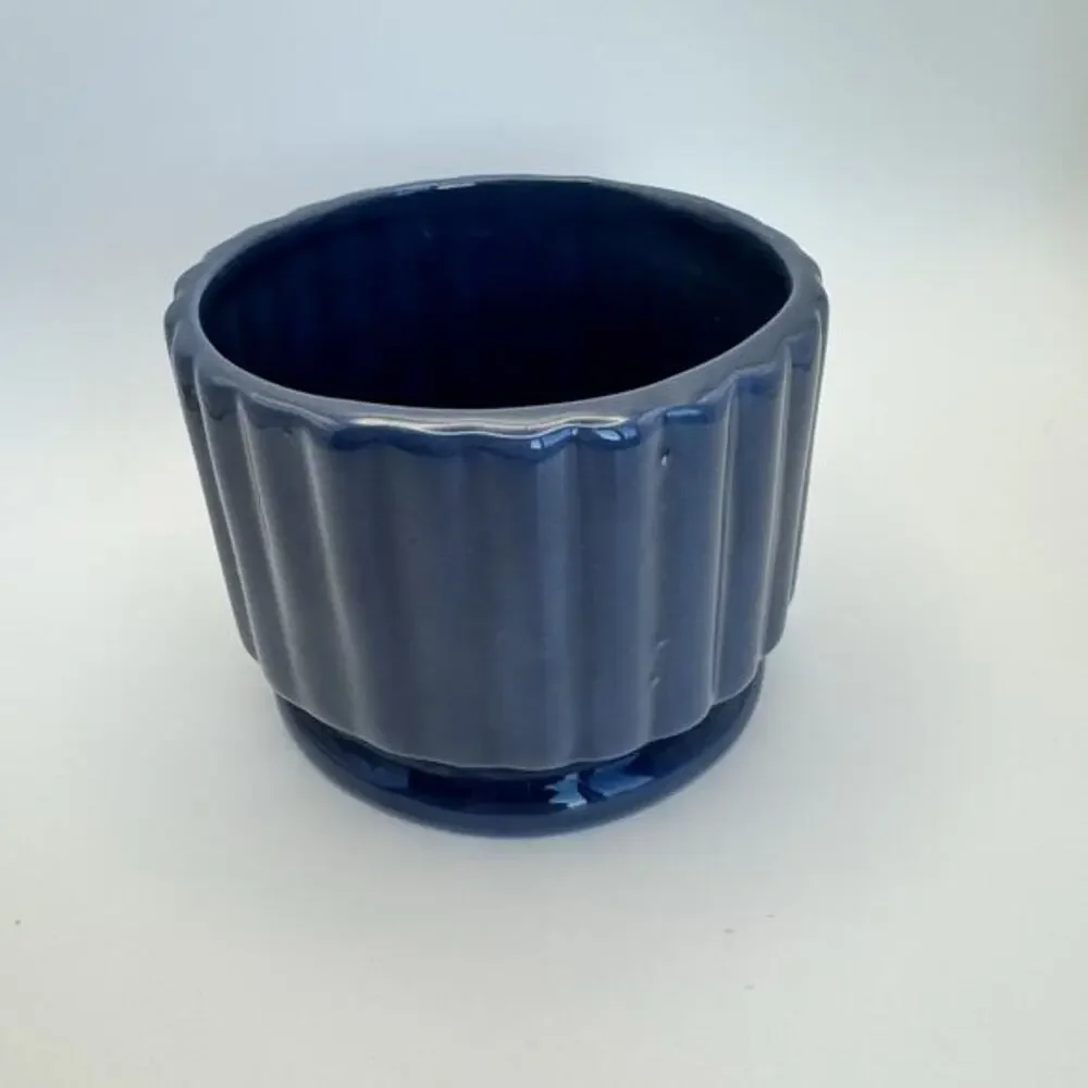 Haeger Pottery Vase Planter Ribbed Sides USA Blue‎ Small Art Deco 1980s Vtg